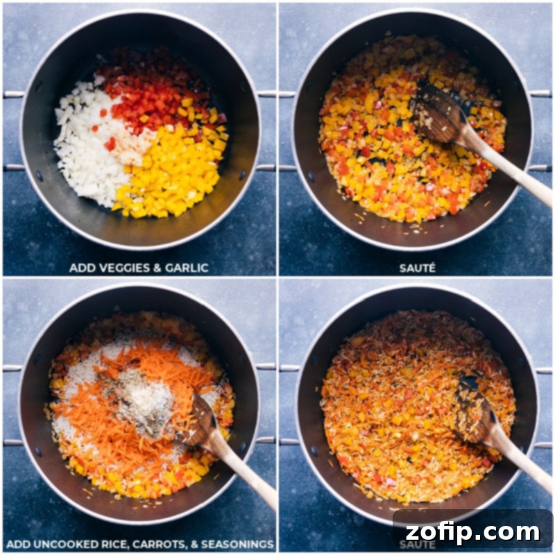 Process shots of one-pan Meatballs and Rice showing the sautéing of vegetables, garlic, rice, carrots, and seasonings in a large pot.