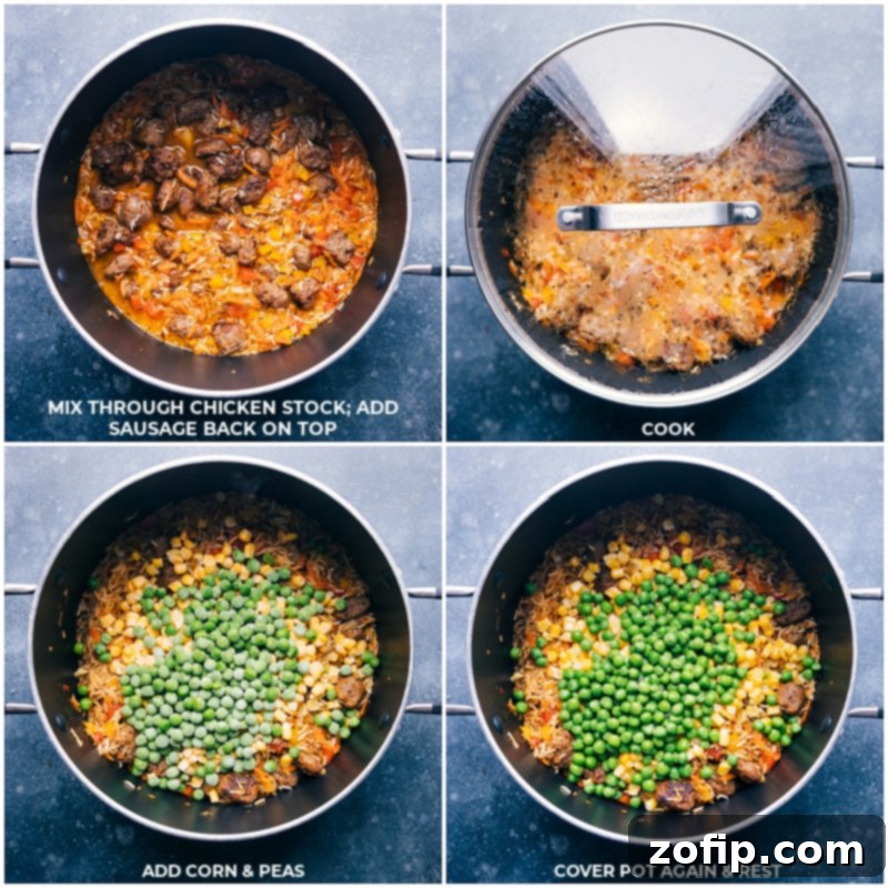 Process shots of one-pot Meatballs and Rice showing the dish simmering, then frozen corn and peas being added to cook with residual steam.