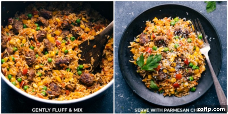 Process shots showing the finished one-pot Meatballs and Rice being fluffed with a fork and served, garnished with fresh parsley and Parmesan cheese.