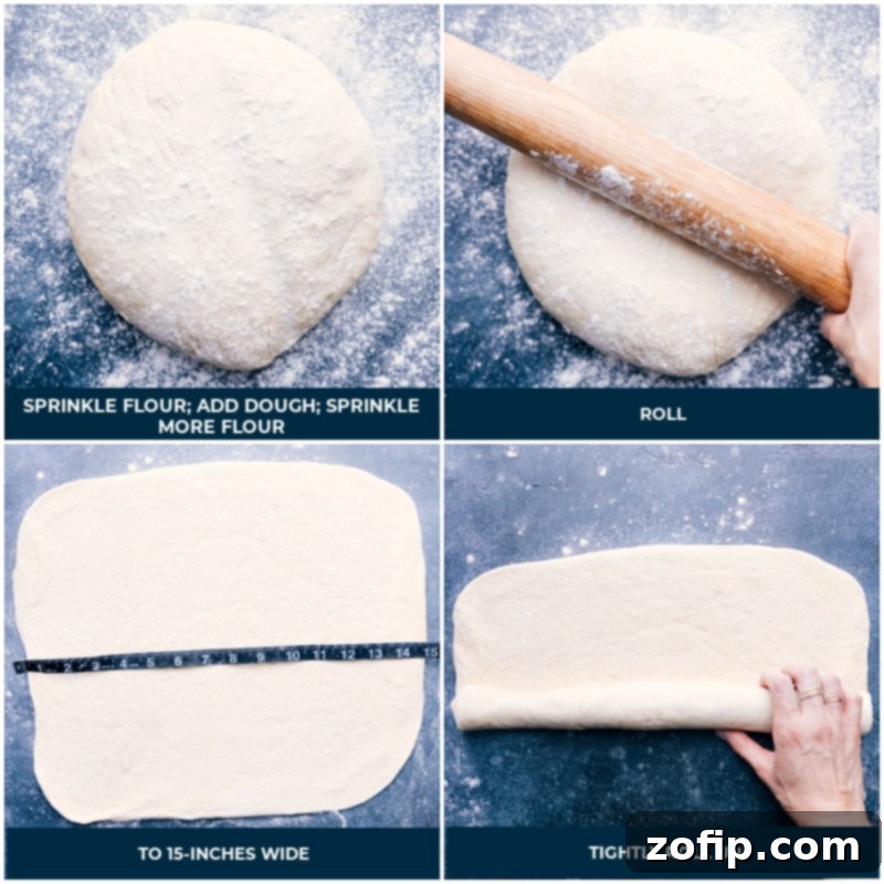 Process shots of French Bread: dough being lightly sprinkled with flour, rolled out into a rectangle, and then tightly rolled up into its final loaf shape.