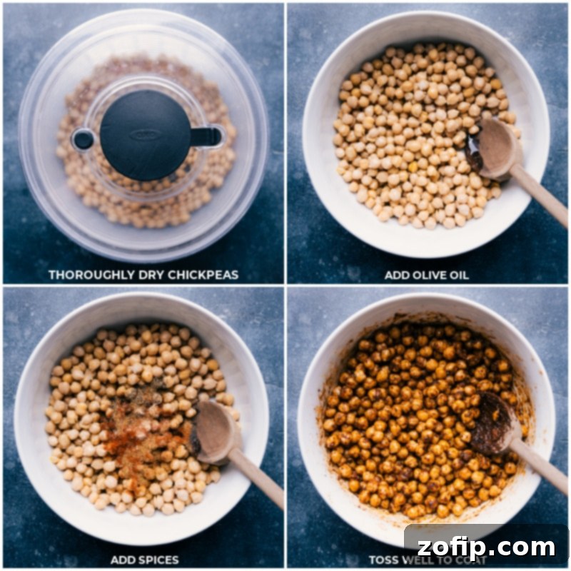 Process shots demonstrating the preparation of Air Fryer Chickpeas: first, the dried chickpeas, then olive oil and spices being added to a bowl, and finally, everything being thoroughly mixed together.