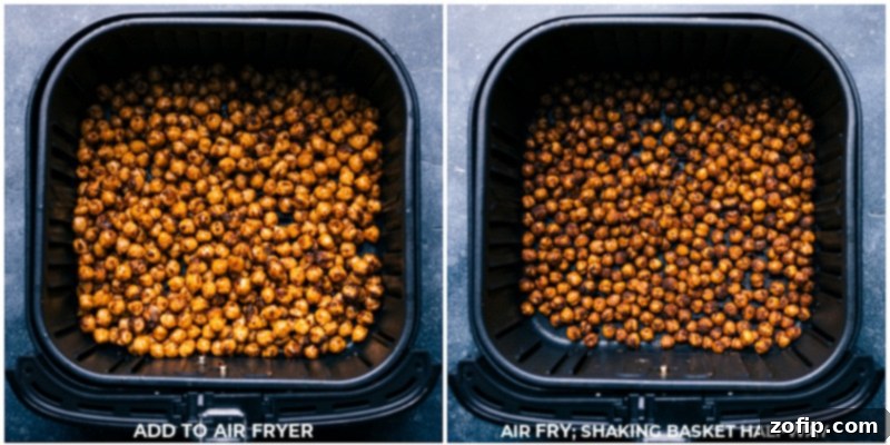 Process shots showing seasoned chickpeas being evenly spread in the air fryer basket, ready for frying.