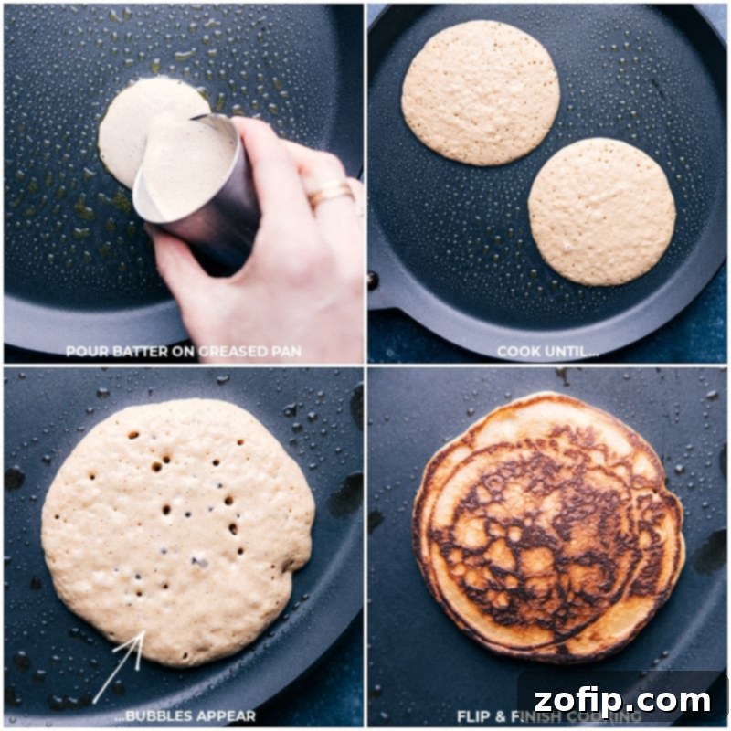 These Healthy Pancakes are not only delicious with their crisp outside and soft, chewy inside, but they're also incredibly simple to make. Just blend, pour onto the griddle, and flip for a perfect healthy breakfast. Process shots of healthy pancake batter being poured onto a prepared hot griddle, cooking until bubbles form, and then flipped to golden perfection.
