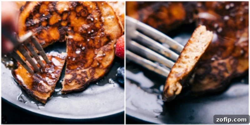 Enjoying a bite of these Healthy Pancakes – perfectly crisp on the outside and wonderfully soft inside. A truly delightful and nutritious breakfast. Close-up image of a bite being taken out of a stack of fluffy, healthy pancakes, revealing their soft interior.