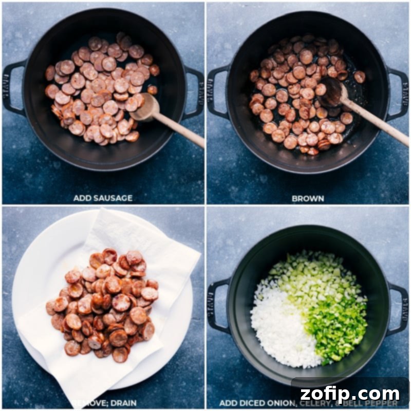 Initial steps for Red Beans and Rice: sausage and 'holy trinity' vegetables Process shots: Browning Andouille sausage, draining fat, and sautéing onion, celery, and bell pepper.