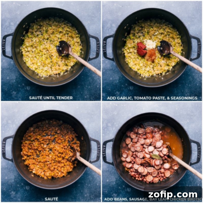 Cooking steps for Red Beans and Rice: spices, beans, and broth Process shots: Sautéing aromatics, adding garlic and spices, then simmering with beans, sausage, and broth.
