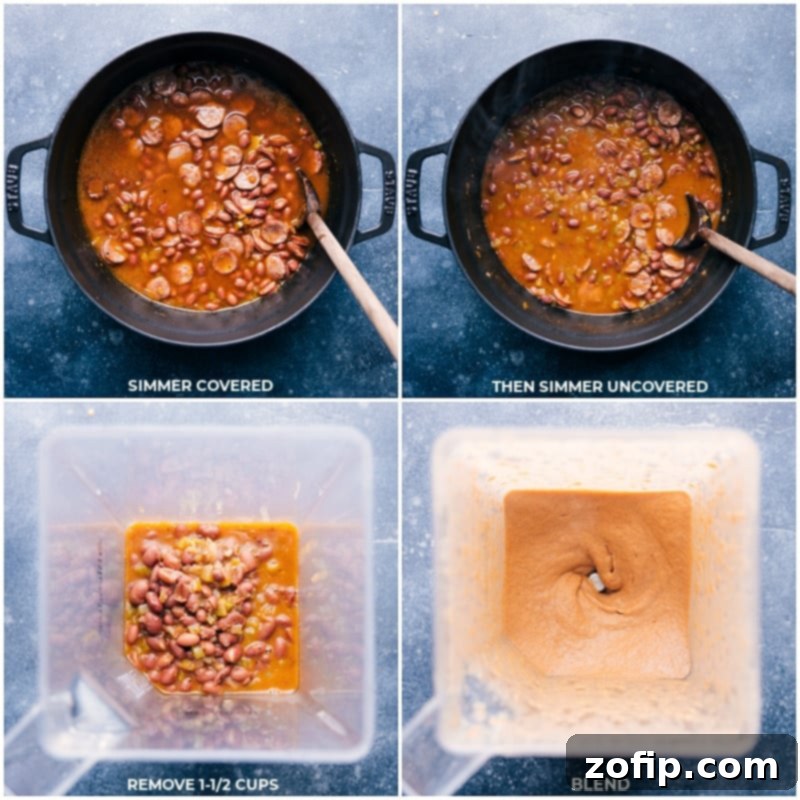 Simmering and thickening Red Beans and Rice Process shots: Red Beans and Rice simmering, then blending a portion for thickening.