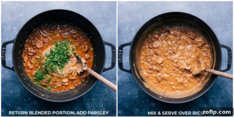 Final steps for Red Beans and Rice: finishing and serving Process shots: Blended mixture returned to pot, parsley stirred in, and served over rice.