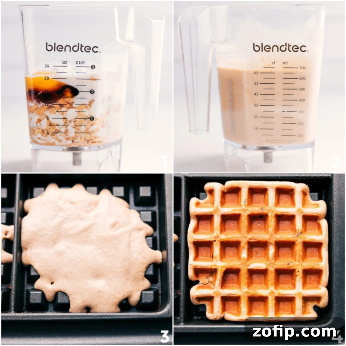 All the nutritious ingredients for this Healthy Waffle Recipe, including oats, cashews, milk, and spices, are blended until perfectly smooth, then expertly poured into a preheated waffle maker to cook to golden perfection.