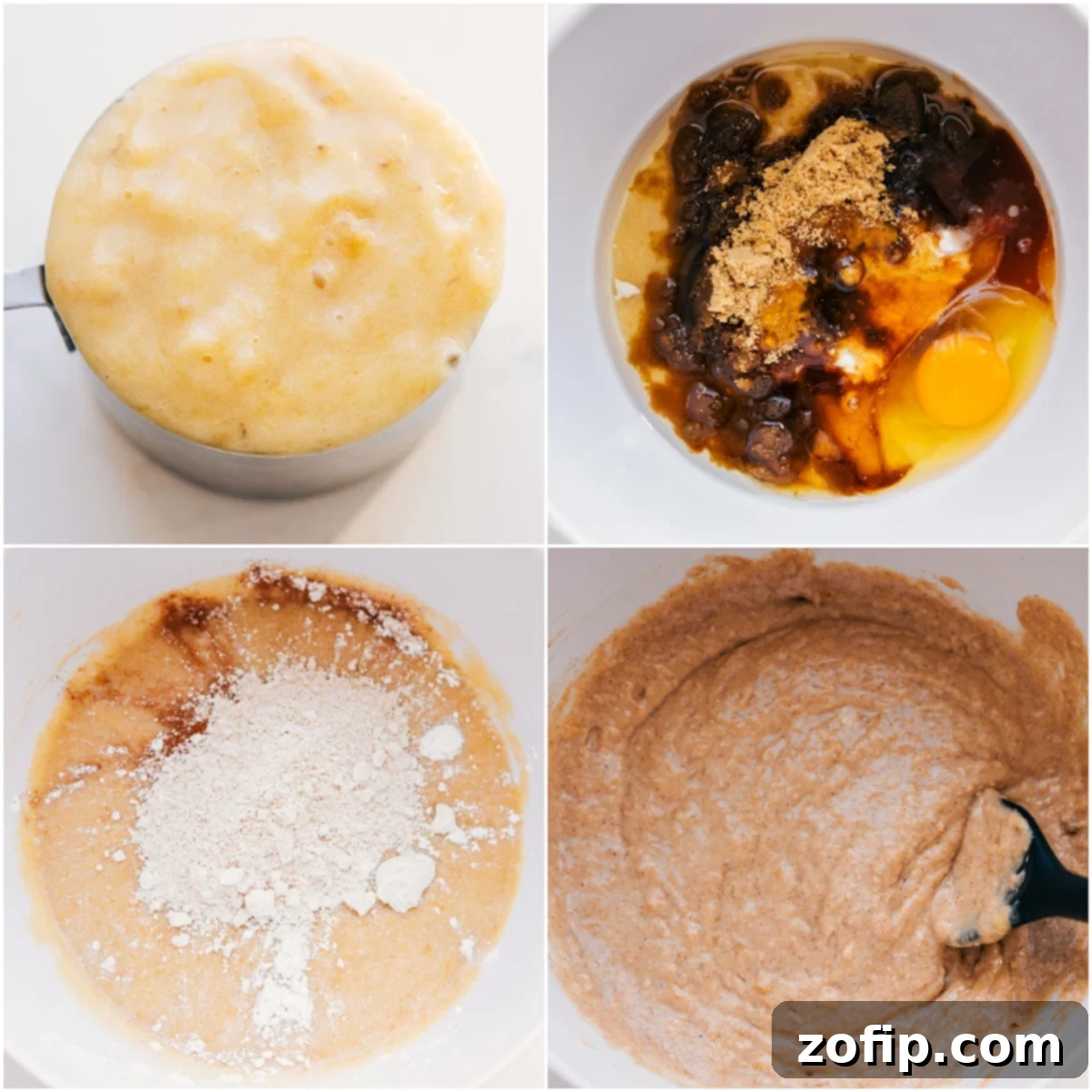 The process of combining wet ingredients: perfectly mashed bananas, creamy Greek yogurt, egg, fragrant vanilla, melted coconut oil, honey, and rich brown sugar, into a smooth, luscious batter for the banana bread.