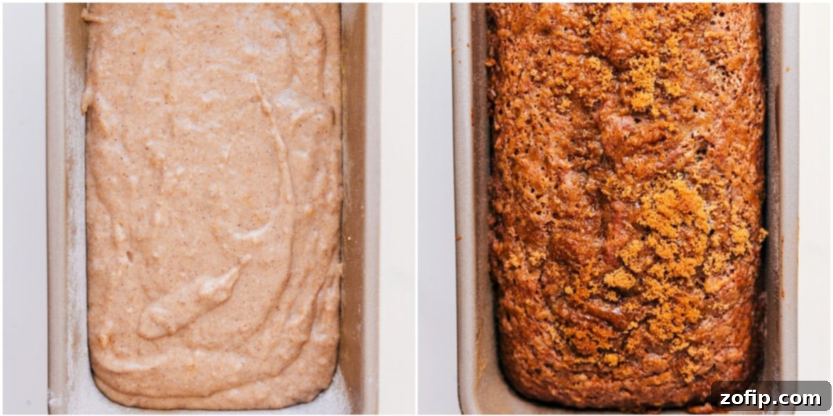 The golden-brown Greek yogurt banana bread batter is gently poured into a prepared loaf pan, ready for baking to achieve a perfect rise and irresistible golden crust.