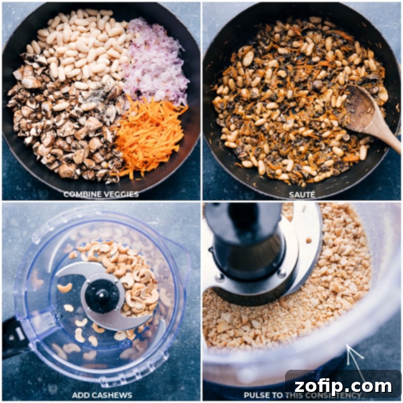 How To Make Veggie Burgers from Scratch A visual guide showing sautéed vegetables and beans in a skillet, next to cashews being finely pulsed in a food processor, highlighting the initial preparation steps for homemade veggie burgers.