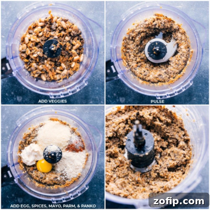 Effortless Veggie Burger Prep with a Food Processor The process of making veggie burgers in a food processor: dry cashews are pulsed, followed by sautéed veggies, then combined with eggs, spices, mayonnaise, cheese, and panko, pulsed again to form the cohesive burger mixture.