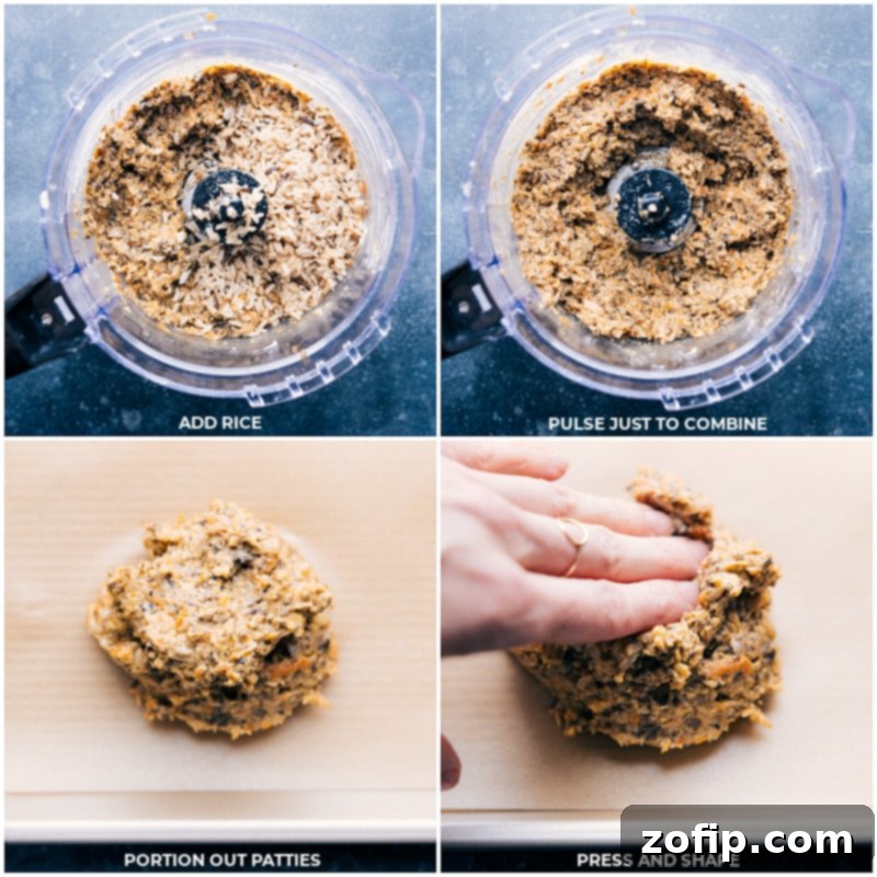 Expert Tips for Shaping and Preparing Veggie Burgers The final step in preparing veggie burgers involves adding cooked brown rice to the food processor, pulsing briefly, then portioning the mixture into mounds, and carefully shaping them into uniform patties for cooking.