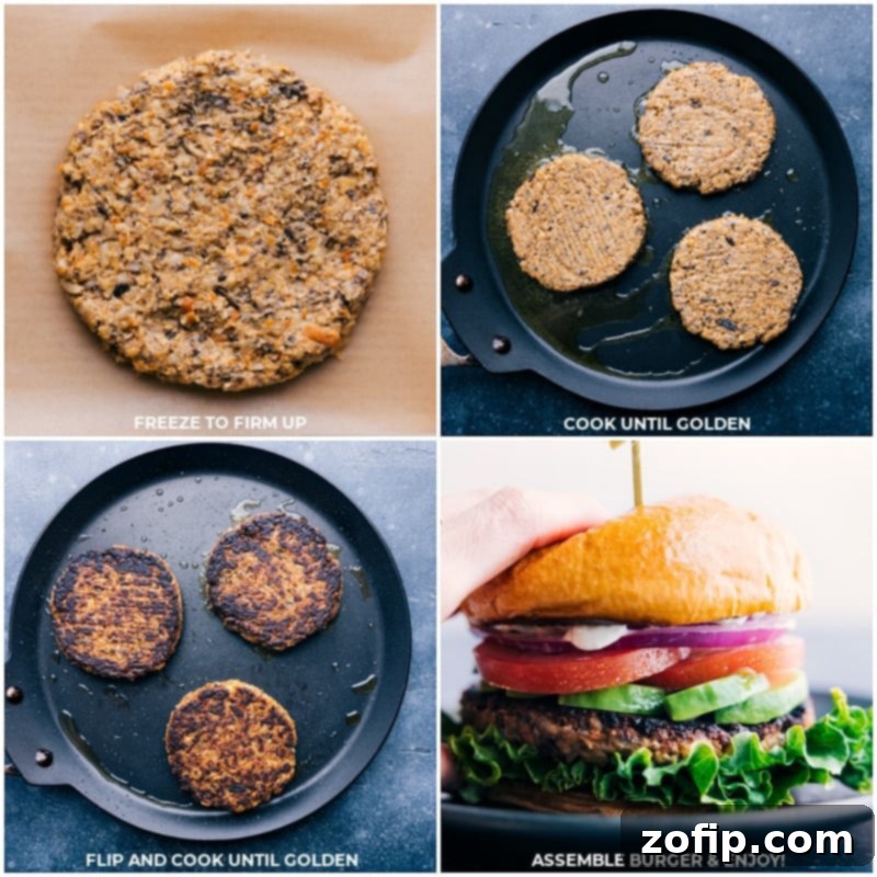 The Journey to the Best Veggie Burger Ever A vibrant sequence showing veggie burgers being frozen to firm them, then cooked until golden and crispy on the stovetop, flipped to finish, and finally assembled with fresh toppings for a delightful meal.