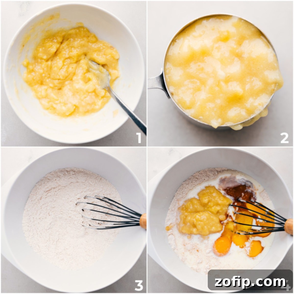 Close-up shot of ripe bananas being thoroughly mashed in a large mixing bowl with a fork, ready to be incorporated into the delicious banana waffle batter.
