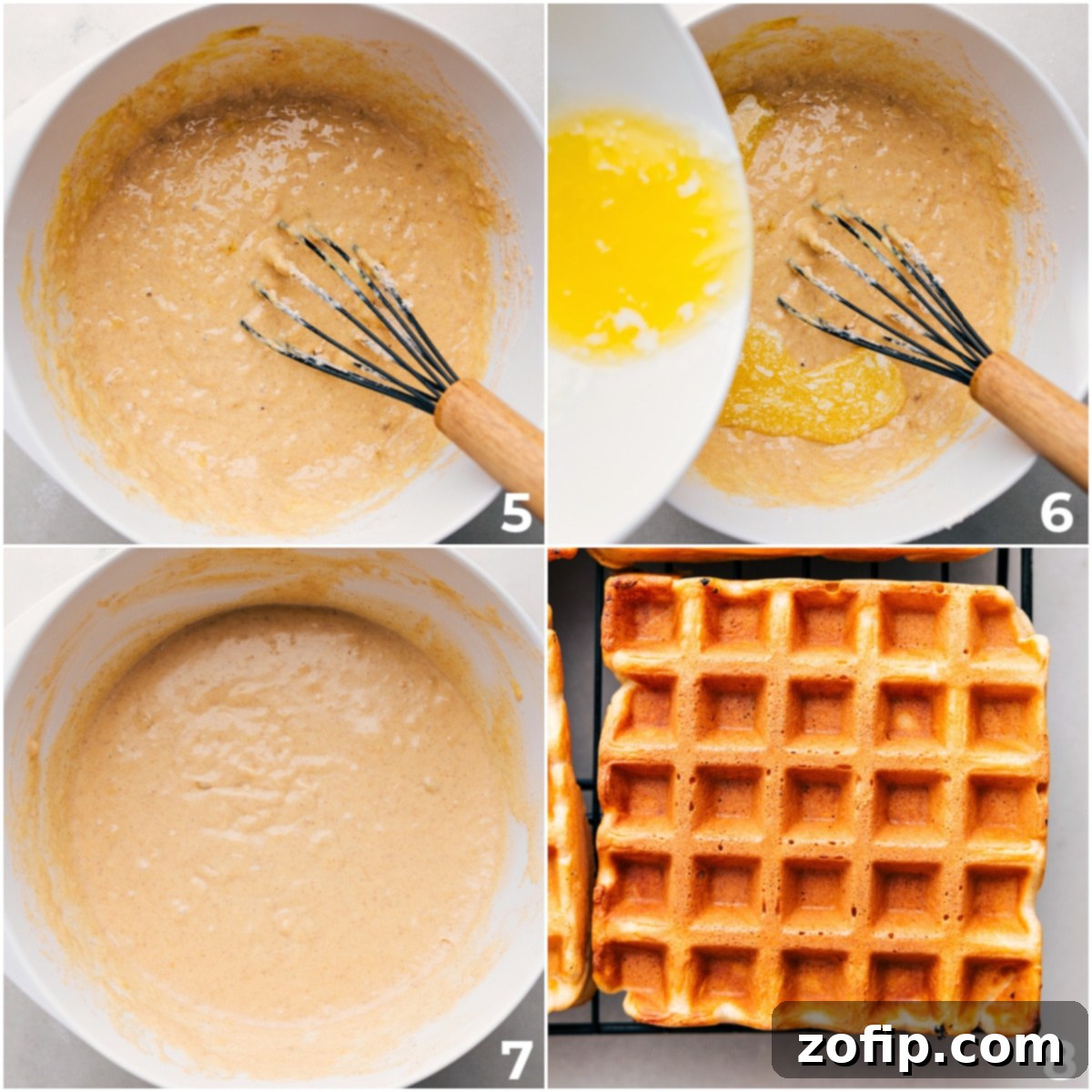 A close-up view of a perfectly golden-brown banana waffle sizzling on a hot waffle iron, with steam gently rising, signaling it's cooked to crispy perfection and ready to be enjoyed.