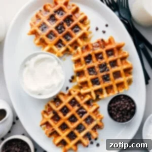 Chocolate Chip Waffles Recipe on a platter.