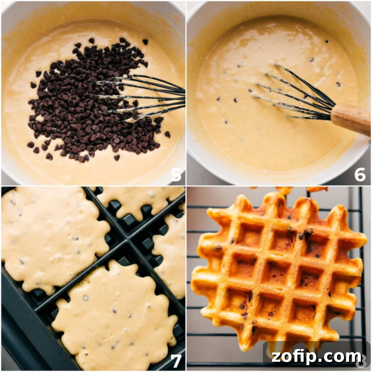 A close-up of chocolate chips being gently folded into the waffle batter, followed by a delicious chocolate chip waffle cooking in a hot waffle iron.