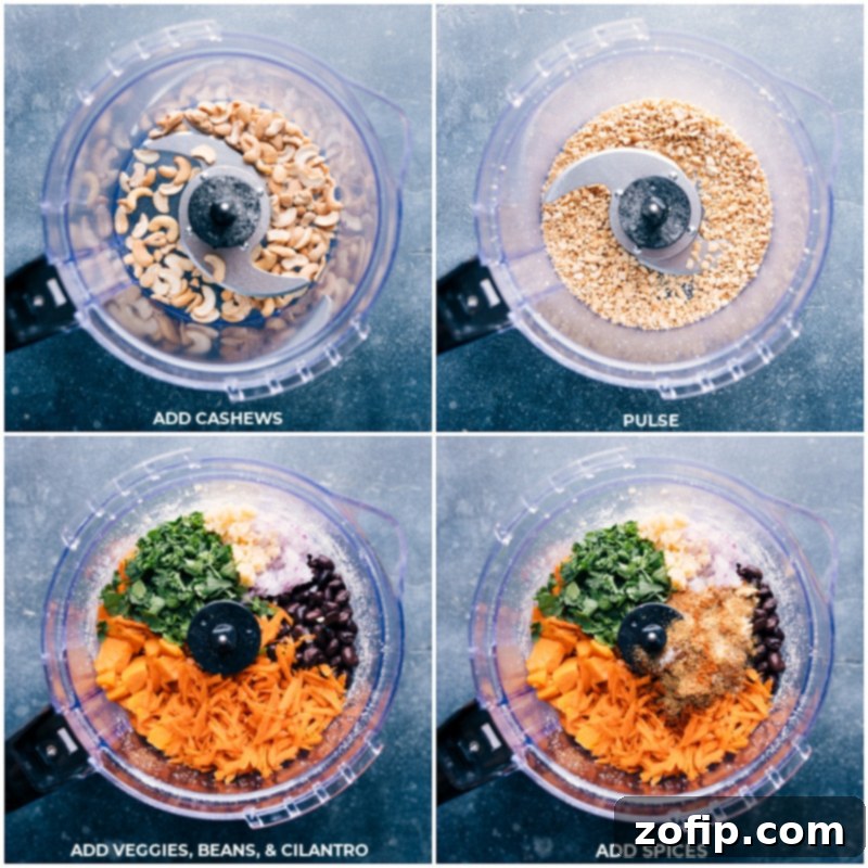 Process images showing cashews, various vegetables, black beans, cilantro, and an array of spices being added to a food processor for the burger mixture.