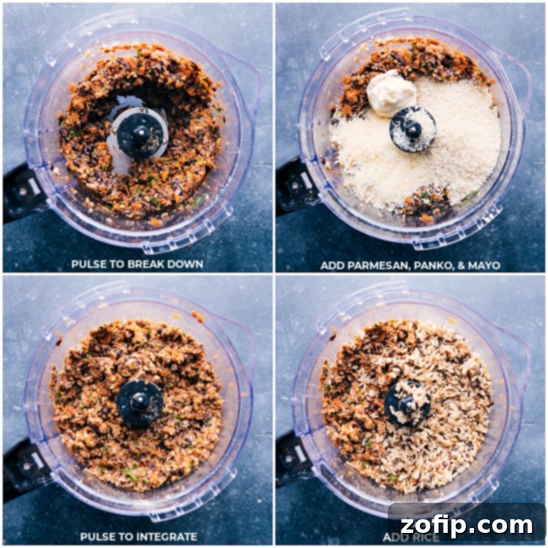 Process shots of the Sweet Potato Black Bean Burger mixture, showing Parmesan cheese, Panko breadcrumbs, mayonnaise, and cooked rice being combined in a food processor.