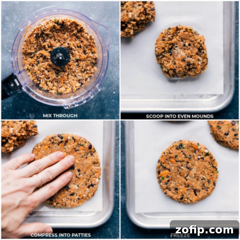 Process images demonstrating the formation and freezing of Sweet Potato Black Bean Burger patties before cooking.