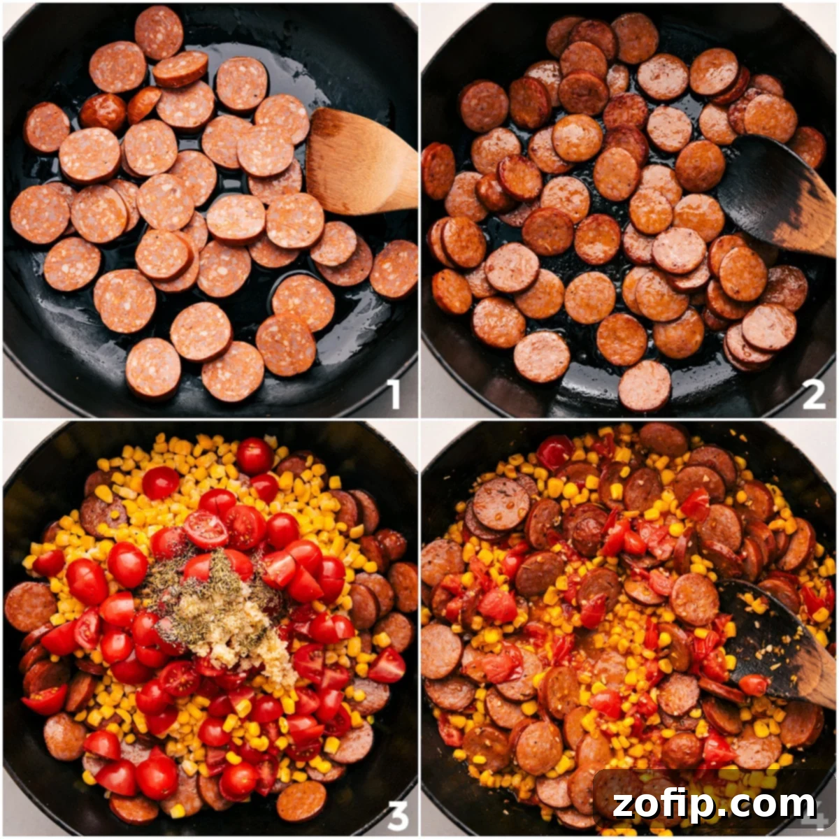 How To Make Corn And Sausage Pasta Cooked smoked sausage in a skillet, with fresh corn, halved cherry tomatoes, and seasonings being added to create the flavorful base for the pasta.