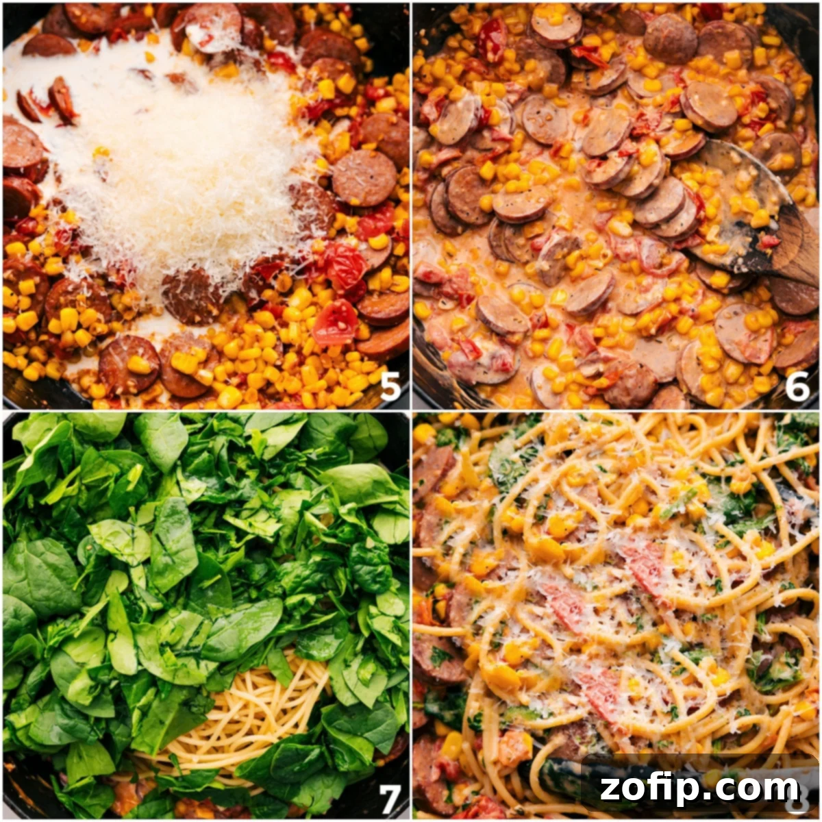 Creamy And Delicious Corn And Sausage Pasta Close-up of creamy Corn and Sausage Pasta being tossed with fresh spinach and grated Parmesan cheese, showcasing the rich sauce coating the spaghetti.