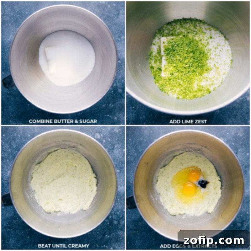 Combine Ingredients for Optimal Flavor Process shots showing butter, granulated sugar, and fresh lime zest being added to a stand mixer bowl and creamed together until light and fluffy. Followed by adding eggs and extracts.