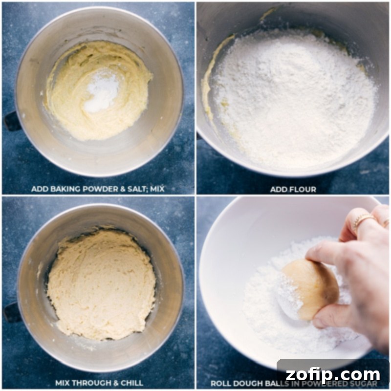 Combine Remaining Ingredients For Delicious Lime Cookies Process shots showing baking powder, salt, and all-purpose flour being added to the stand mixer bowl and mixed until just combined. Followed by rolling chilled dough balls in powdered sugar.