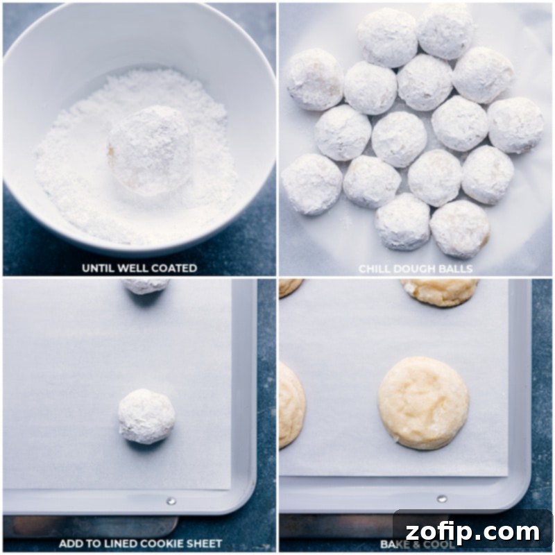 Coat Dough Balls And Then Chill And Bake Process shots showing dough balls being rolled in powdered sugar, then chilled in the refrigerator, and finally baked until golden and puffed.