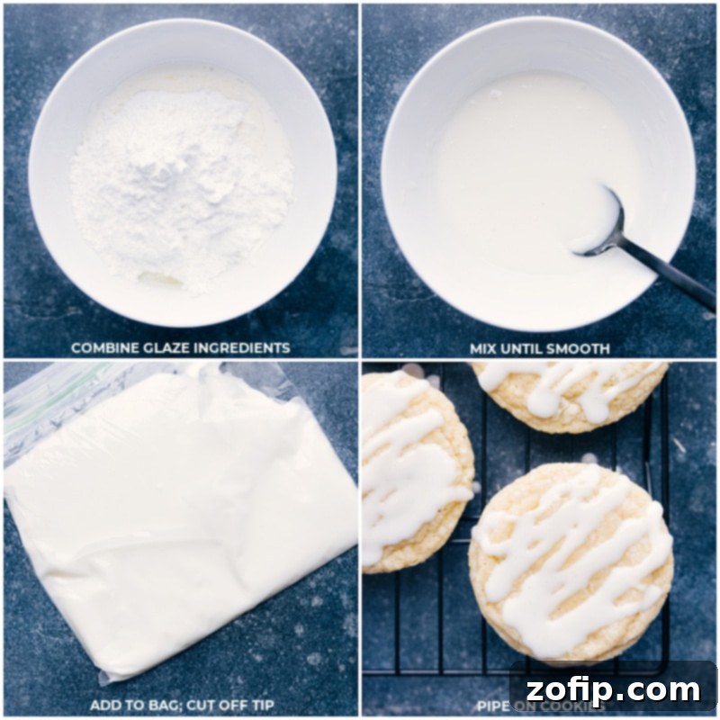 The Glaze For The Best Lime Cookies Process shots illustrating how to make the lime glaze by combining powdered sugar, lime juice, heavy cream, and salt, mixing until perfectly smooth, and then artfully drizzling it over the cooled lime cookies.