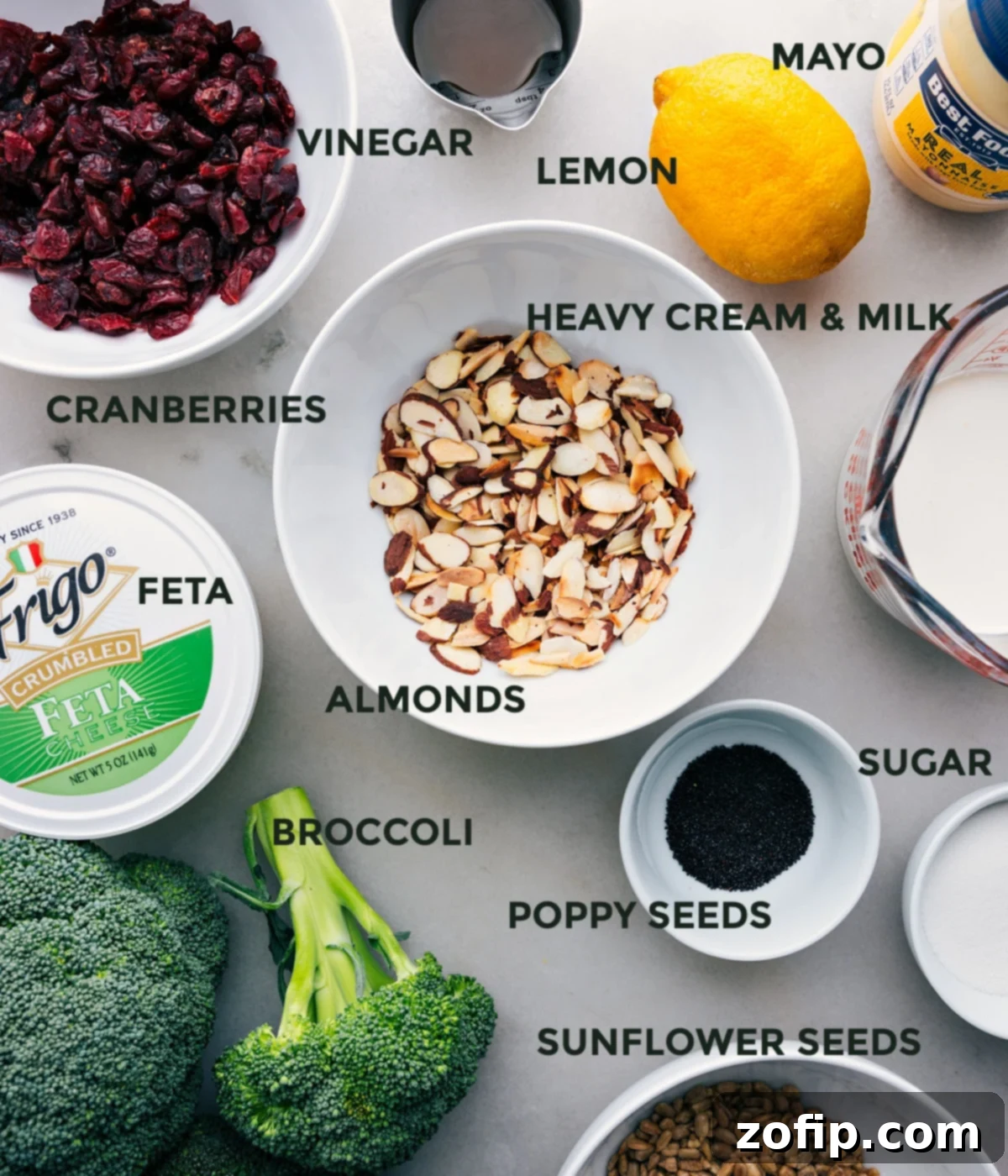 All ingredients for Lemon Poppy Seed Broccoli Salad prepped and laid out for easy assembly.