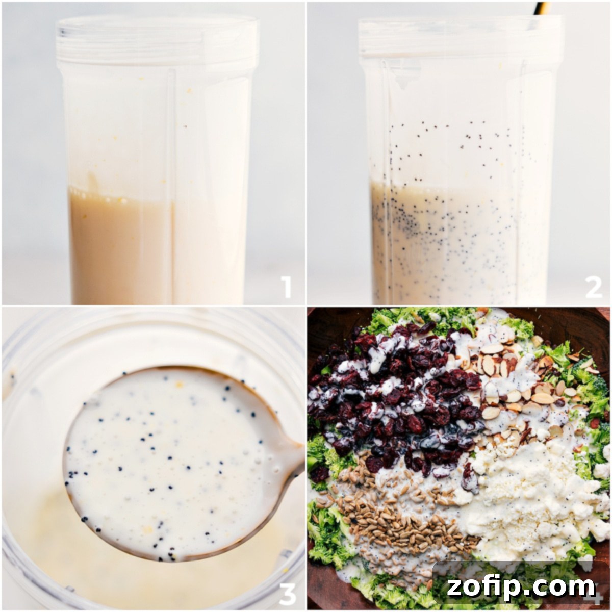 Steps for making Lemon Poppy Seed Broccoli Salad, showing dressing being blended and salad ingredients combined.