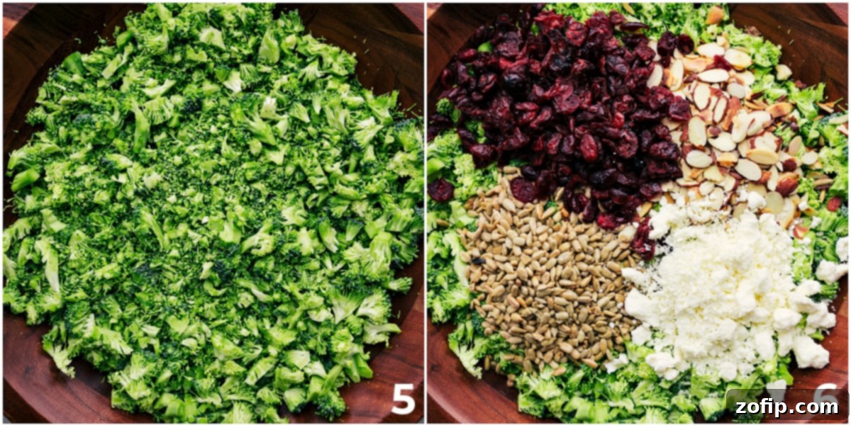 All the vibrant ingredients for Lemon Poppy Seed Broccoli Salad being combined in a large bowl.