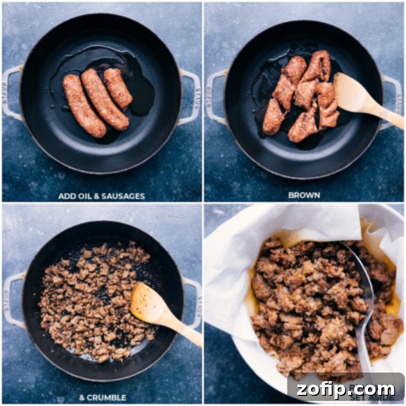 Crumbly Italian sausage browning in a hot skillet, creating savory aromas, before being removed to drain excess oil.