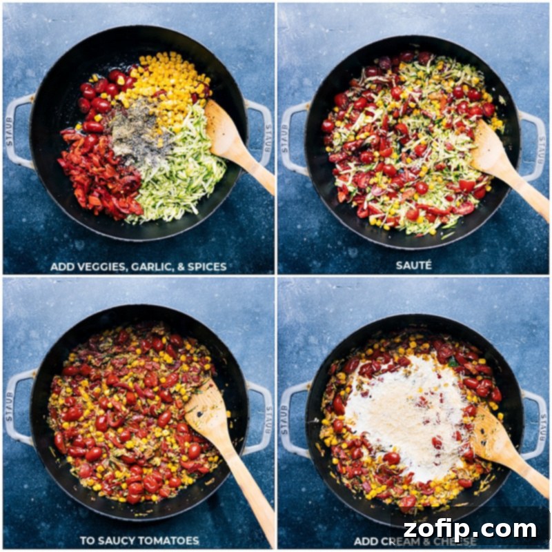 Colorful vegetables including cherry tomatoes, corn, roasted red peppers, zucchini, and minced garlic simmering in a skillet, creating a fragrant base for the Summer Pasta sauce.
