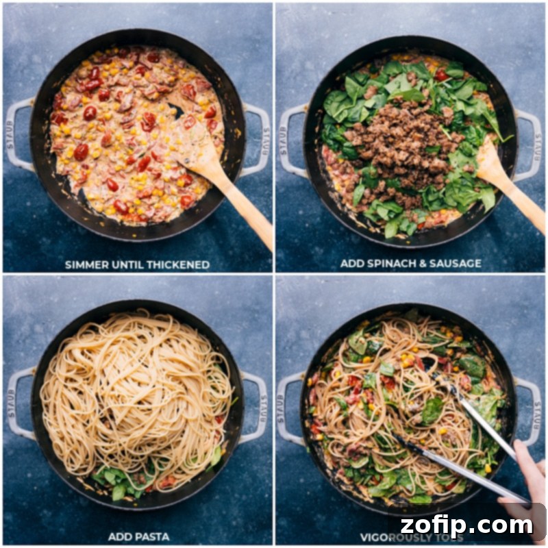Fresh baby spinach, savory Italian sausage, and al dente spaghetti being mixed into the creamy vegetable sauce in a large skillet, creating a cohesive and delicious Summer Pasta dish.