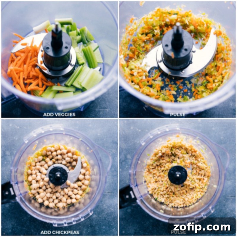 Step-by-step preparation for Buffalo Chickpea Salad: quick chopping of veggies and chickpeas in a food processor for a hearty and flavorful sandwich filling. Process shots of Buffalo Chickpea Salad preparation: vegetables being chopped in a food processor, followed by chickpeas being added and pulsed