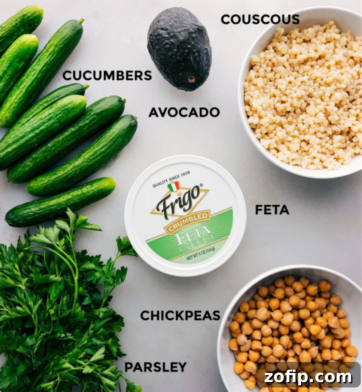 All the fresh ingredients for Cucumber Feta Salad prepped and ready for mixing.