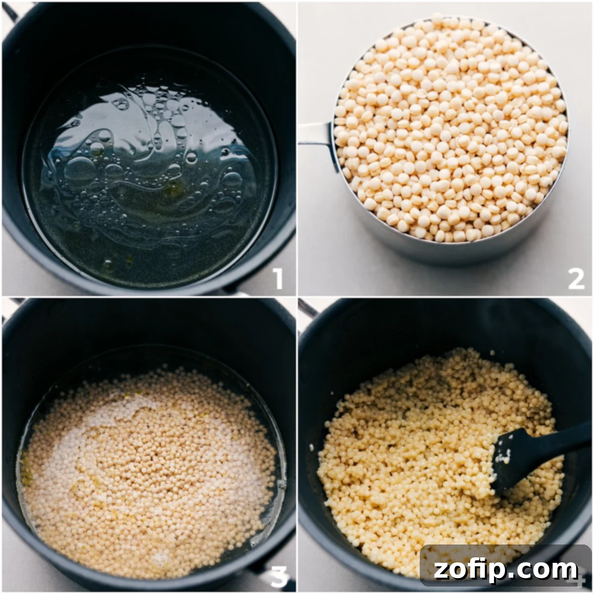 Preparing the pearl couscous in a pot, a key step for the salad.
