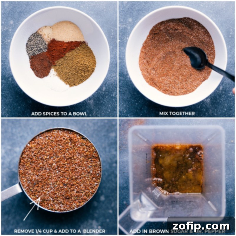 Process shots of the spice blend being made up and added to a blender along with brown sugar and Dr Pepper, illustrating the preparation of the sweet and savory sauce.