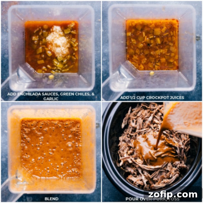 Enchilada sauces, green chiles, and garlic being added to the blender and being blended with the previous mixture and it all being poured over the Cafe Rio Sweet Pork Recipe, creating a rich and integrated sauce.