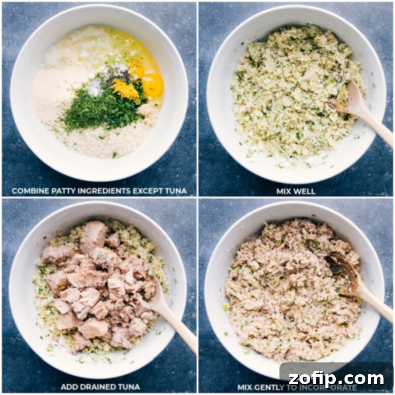 The making of flavorful Tuna Patties: fresh ingredients combined to create a delightful mixture before forming. Process shots showing ingredients for Tuna Patties being mixed and formed