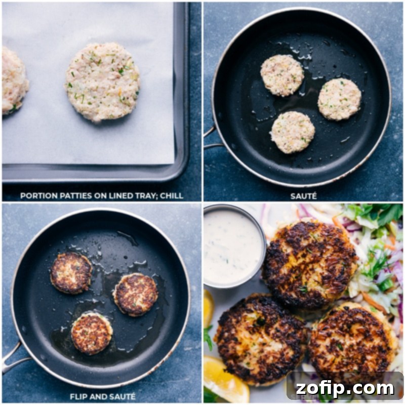 Perfectly cooked Tuna Patties, golden and crispy on both sides, ready to be served. Process shots of Tuna Patties being cooked in a pan until golden brown