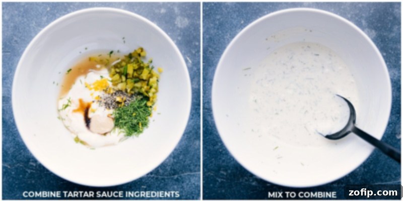 Preparing fresh and creamy homemade tartar sauce to accompany the tuna patties. Process shots showing ingredients for homemade tartar sauce being mixed