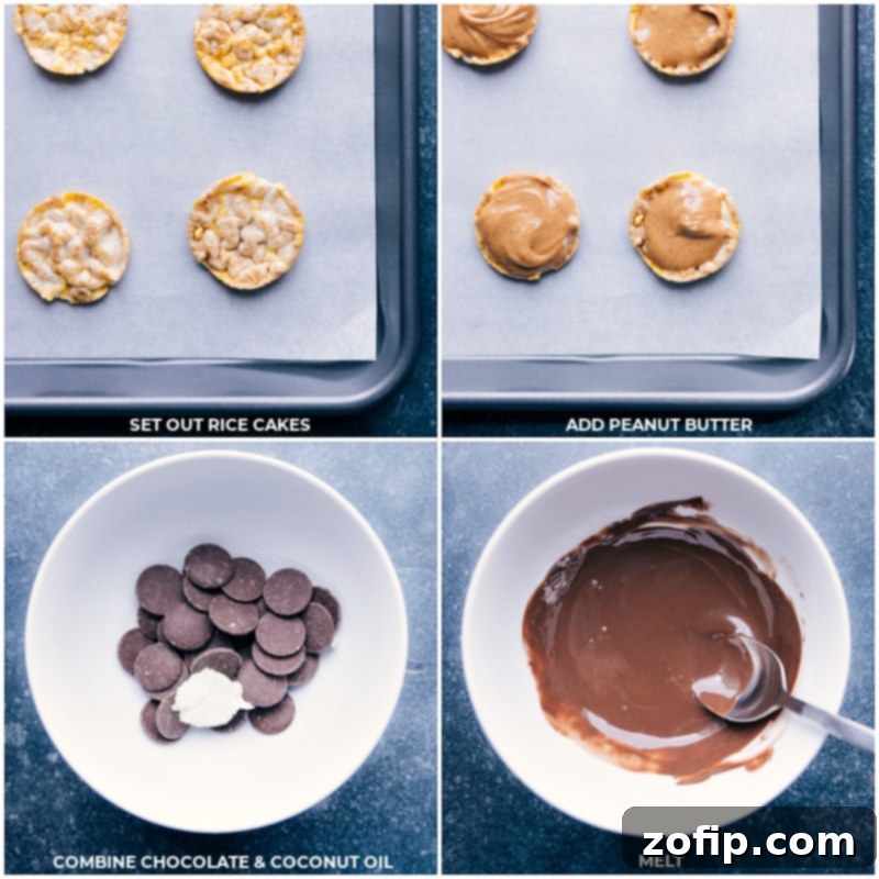 A step-by-step visual of making Rice Cakes with Peanut Butter and Chocolate. The image shows mini rice cakes being topped with creamy peanut butter, followed by melted chocolate being spooned over them, illustrating the simple assembly process.