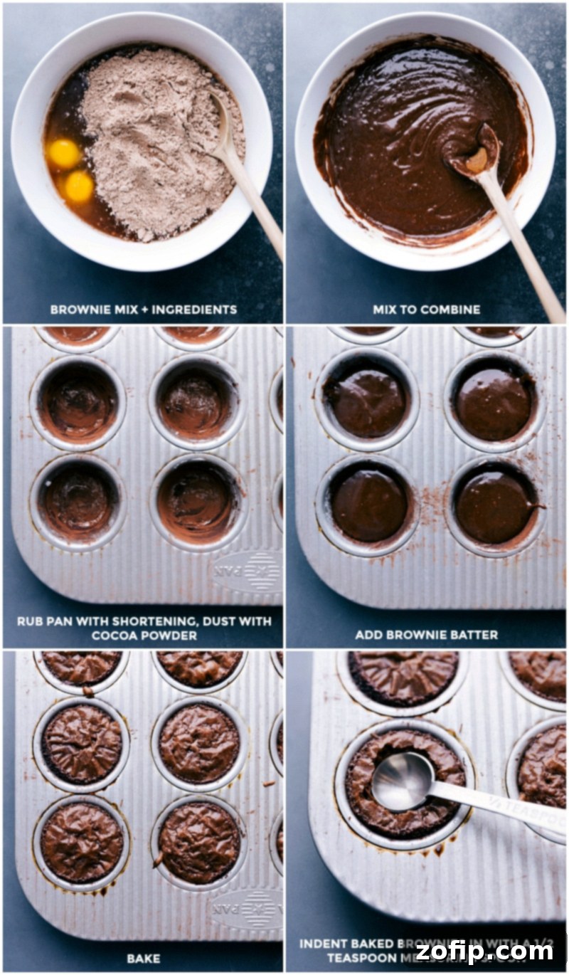 The Art of Making Peanut Butter Brownie Bites: From Mixing to Indenting A step-by-step visual guide showing ingredients being combined in a bowl, a miniature muffin pan being greased and dusted with cocoa powder, brownie batter added to the pan, the baked brownies, and an indent being created in the center of each hot brownie cup.