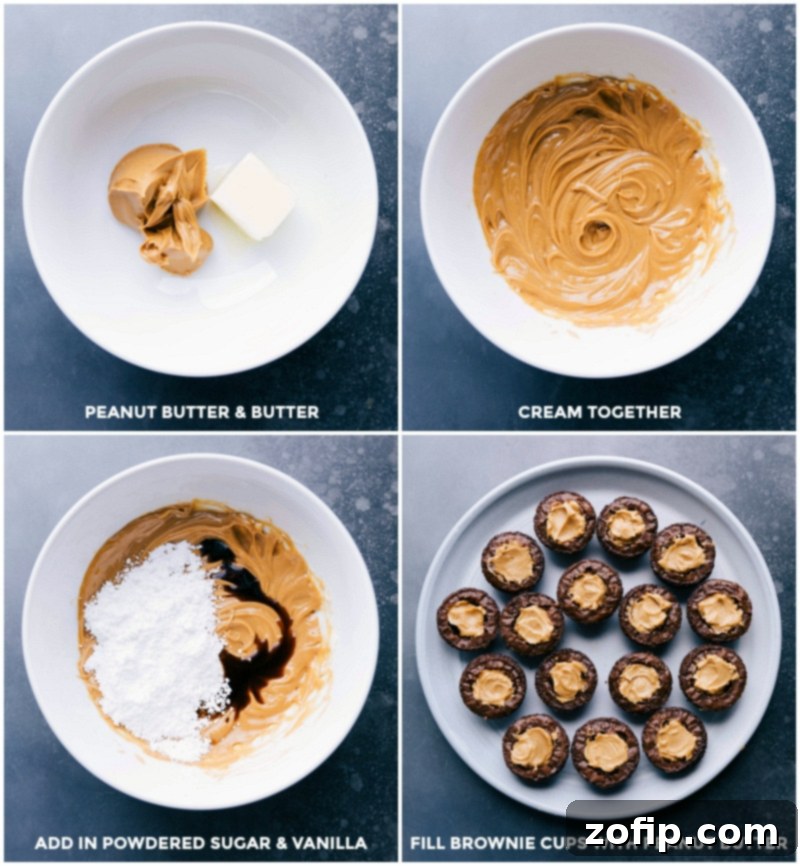 Crafting the Creamy Peanut Butter Filling for Brownie Bites A series of images showing the preparation of the peanut butter filling: creaming peanut butter and butter in a bowl, adding powdered sugar and vanilla extract, and finally, mixing until smooth and ready to fill the brownie cups.