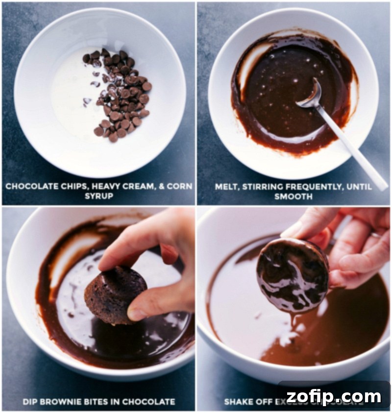 The Final Touch: Dipping Peanut Butter Brownie Bites in Glossy Chocolate Ganache A visual sequence demonstrating the creation of chocolate ganache: combining chocolate chips, heavy cream, and corn syrup in a bowl, heating and stirring until smooth, then dipping the peanut butter brownie bites into the melted chocolate, and shaking off any excess ganache.